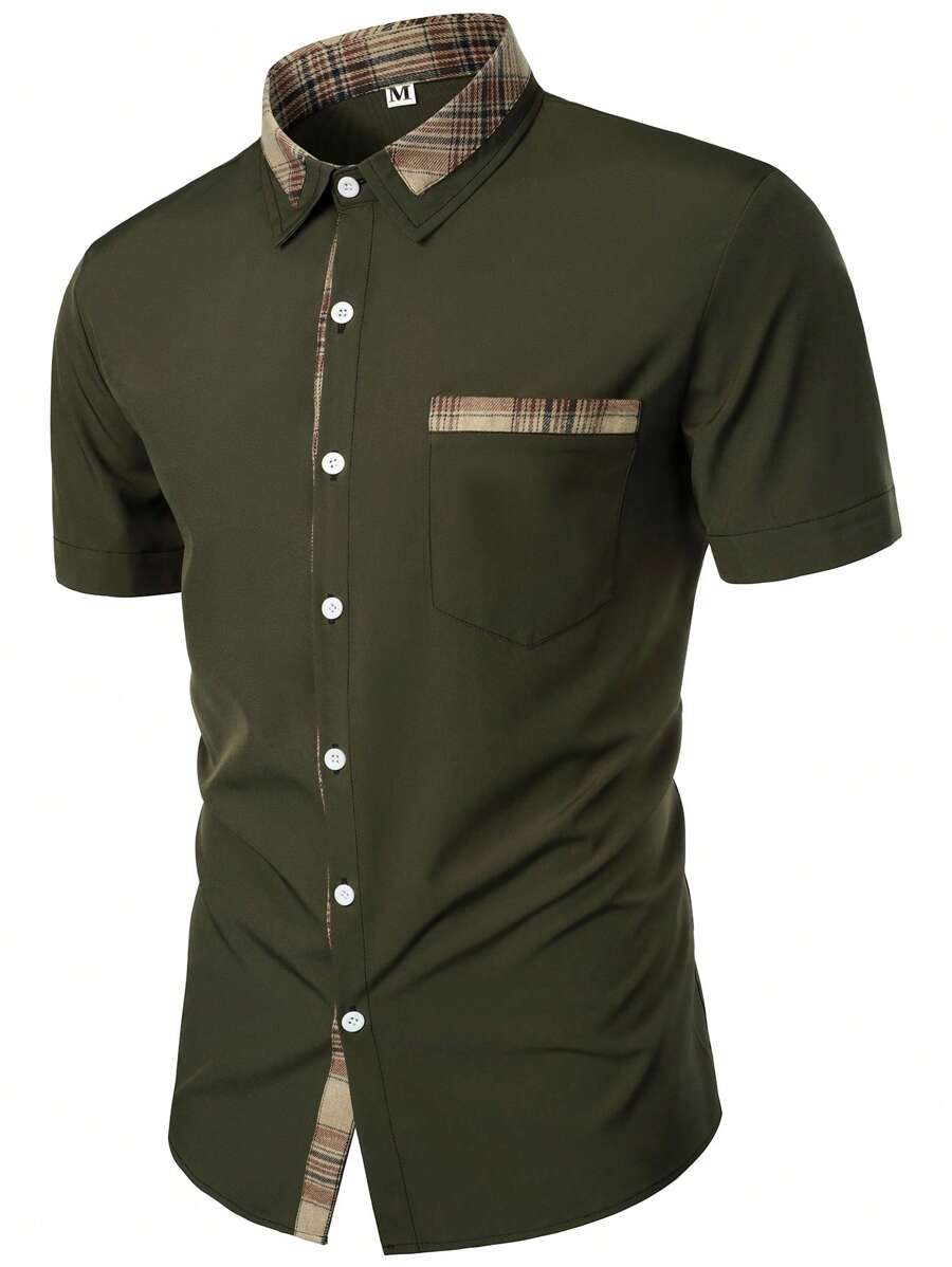 Hombres Camisa de cuadros en contraste cuello con bolsillo delantero - Verde militar - Ver 1