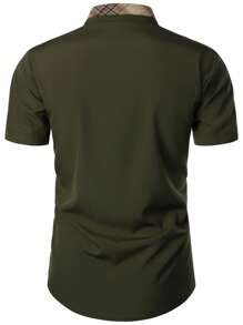 Hombres Camisa de cuadros en contraste cuello con bolsillo delantero - Verde militar - Ver 2