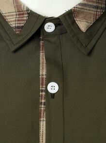 Hombres Camisa de cuadros en contraste cuello con bolsillo delantero - Verde militar - Ver 4