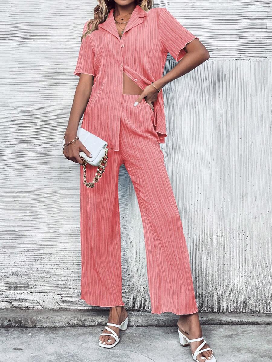 SHEIN Essnce 素色前紐扣襯衫和闊腿褲 - 粉色 - 查看 1