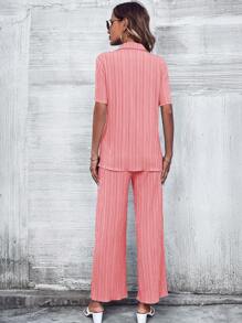 SHEIN Essnce 素色前紐扣襯衫和闊腿褲 - 粉色 - 查看 2