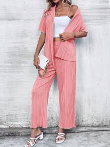 SHEIN Essnce 素色前紐扣襯衫和闊腿褲 - 粉色 - 查看 5