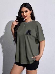SHEIN EZwear 大碼字母貼布落肩T恤 - 軍綠色 - 查看 4