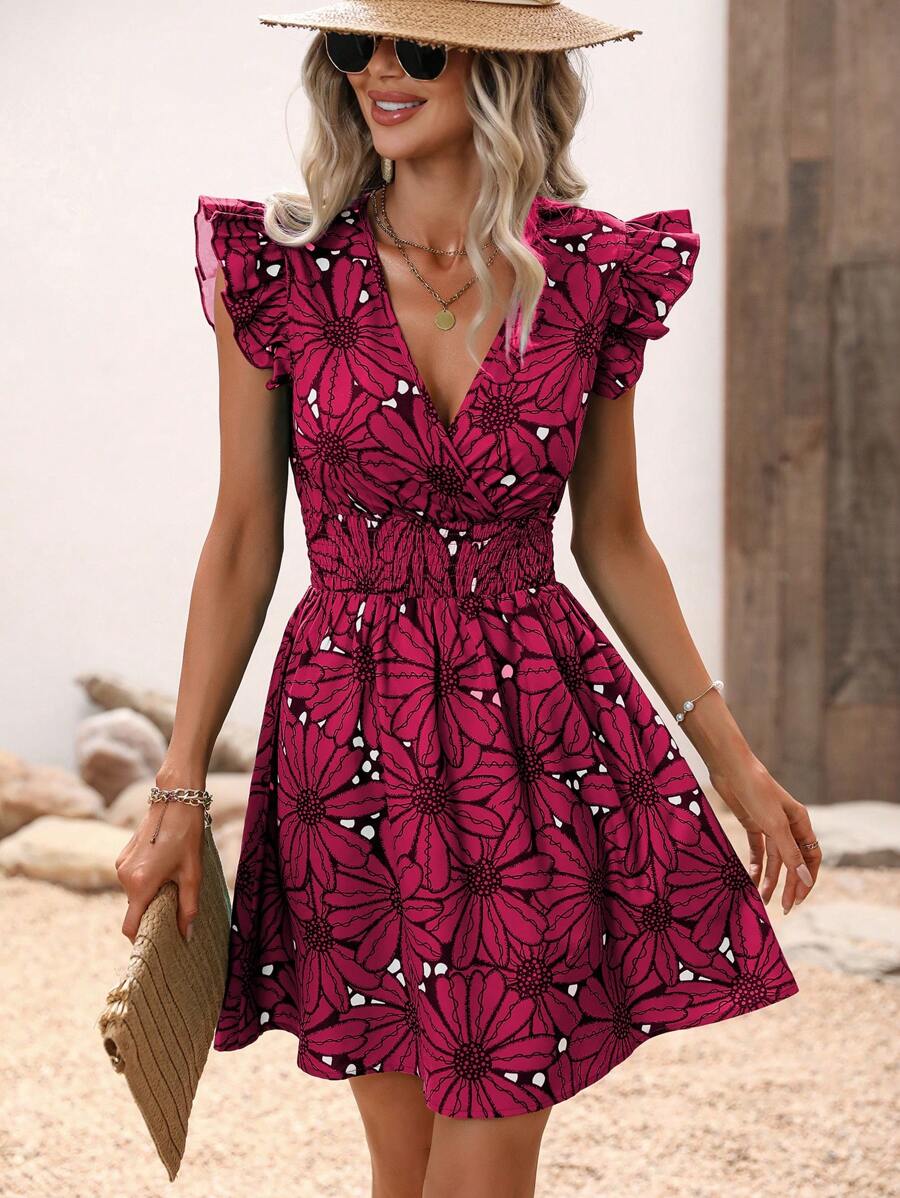 SHEIN LUNE Floral Print Butterfly Sleeve Dress - Hot Pink - View 1