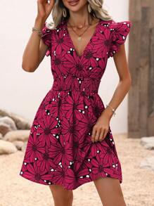 SHEIN LUNE Floral Print Butterfly Sleeve Dress - Hot Pink - View 3