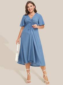 大碼休閒抽繩 褶邊條紋連衣裙 - 霧霾藍 - 查看 6