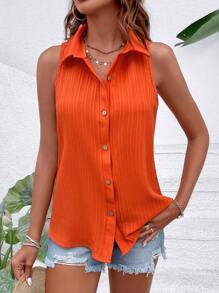 EMERY ROSE Solid Color Sleeveless Texture Loose Fit Shirt With Lapel And Button Front - Orange - View 6