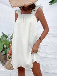 SHEIN VCAY 荷葉邊後紐扣連衣裙 - 白色 - 查看 6