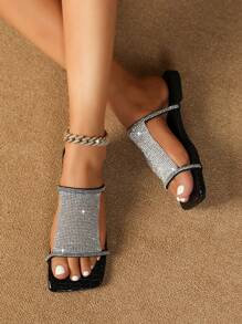 Dép Sandal Quyến Rũ Cho Nữ, Dép Sandal Đính Đá Rhinestone Trang Trí Ngày Lễ Tình Nhân - màu đen - Xem 1