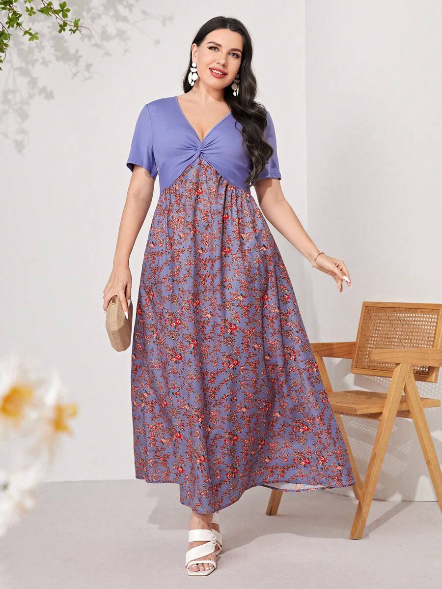Mulvari Đầm Plus Size xoắn lại Họa tiết hoa Boho - Màu tím - Xem 1
