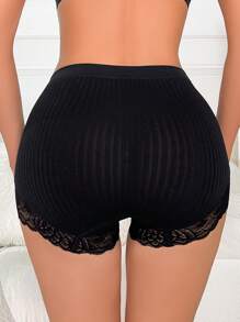 Contrast Lace Ribbed Knit Boyshorts - Black - View 2