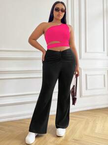 SHEIN EZwear Plus One Shoulder Cut Out Crop Top - Hot Pink - View 3