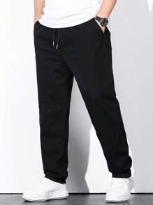 Manfinity Homme Men Plus Cotton Solid Drawstring Waist Straight Leg Jeans - Black - View 4