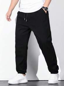 Manfinity Homme Men Plus Cotton Solid Drawstring Waist Straight Leg Jeans - Black - View 6