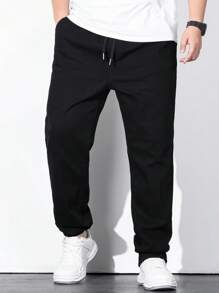 Manfinity Homme Men Plus Cotton Solid Drawstring Waist Straight Leg Jeans - Black - View 8