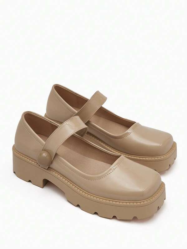 SHEIN MOD Women Minimalist Mary Jane Flats, Preppy Black Flatform Shoes