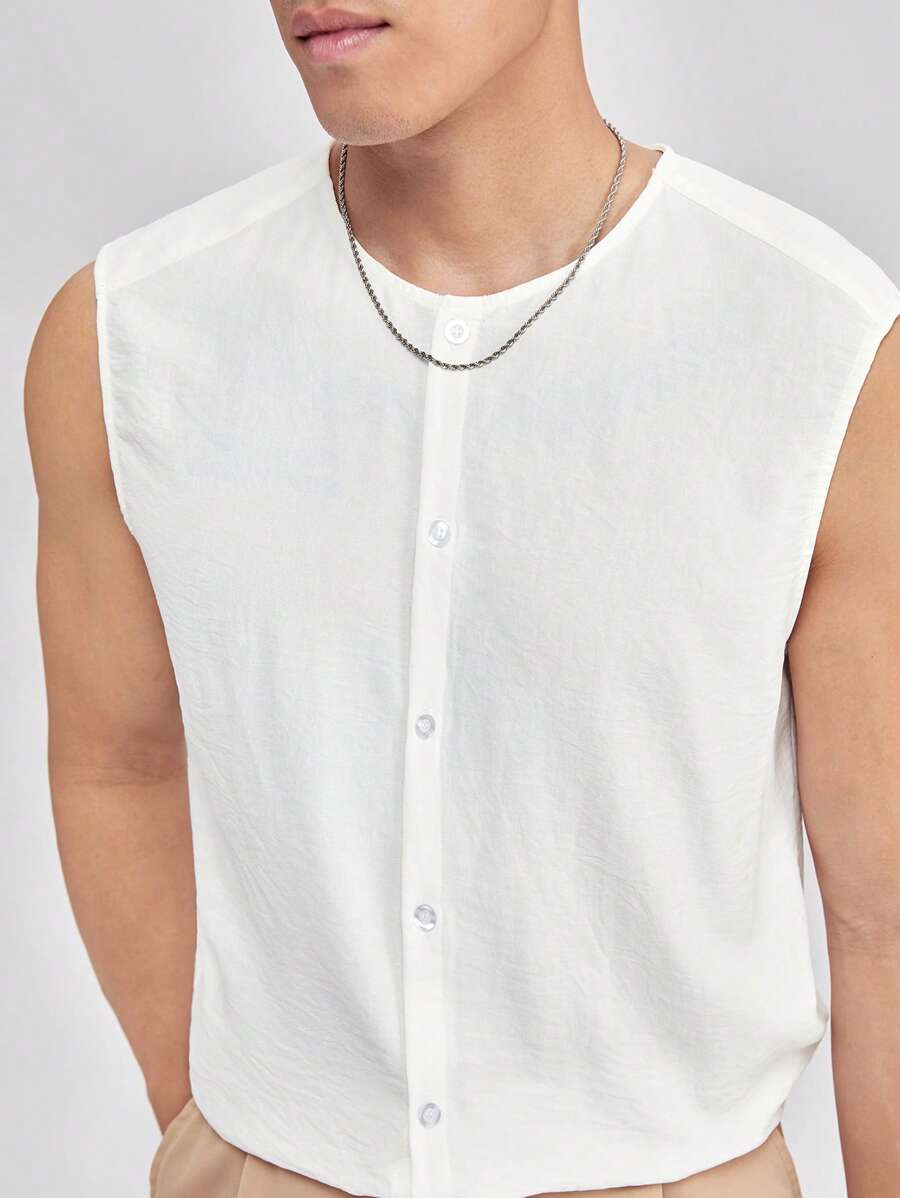 Manfinity RebelGame Nam Chất rắn Nút phía trước Không tay Áo sơ mi - trắng - Xem 1