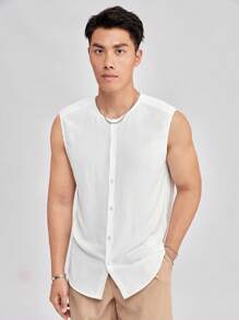 Manfinity RebelGame Nam Chất rắn Nút phía trước Không tay Áo sơ mi - trắng - Xem 6