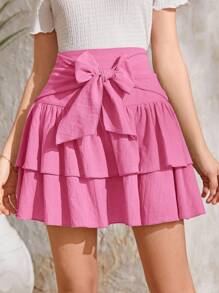 SHEIN Váy Gái Xù Viên lá sen phân lớp Nơ trước màu trơn Dễ thương - Hồng - Xem 1
