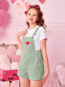 SHEIN 青少年女孩愛心刺繡背帶連體短褲不帶T恤 - 薄荷綠 - 查看 4