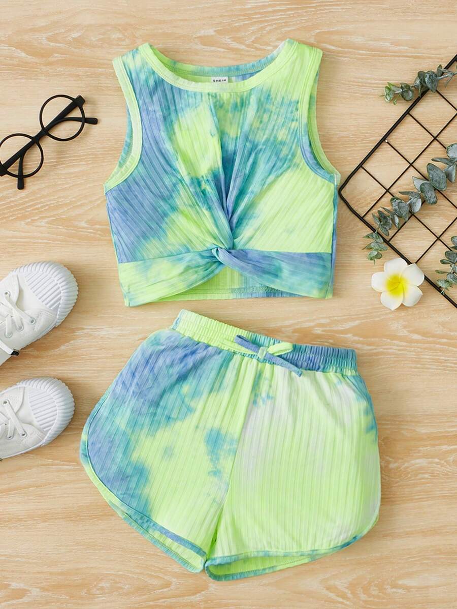 SHEIN Leap Crew Bộ hai mảnh Gái Thắt nút xoắn lại Gân đan Cà vạt nhuộm Giải trí - Màu xanh chanh - Xem 1