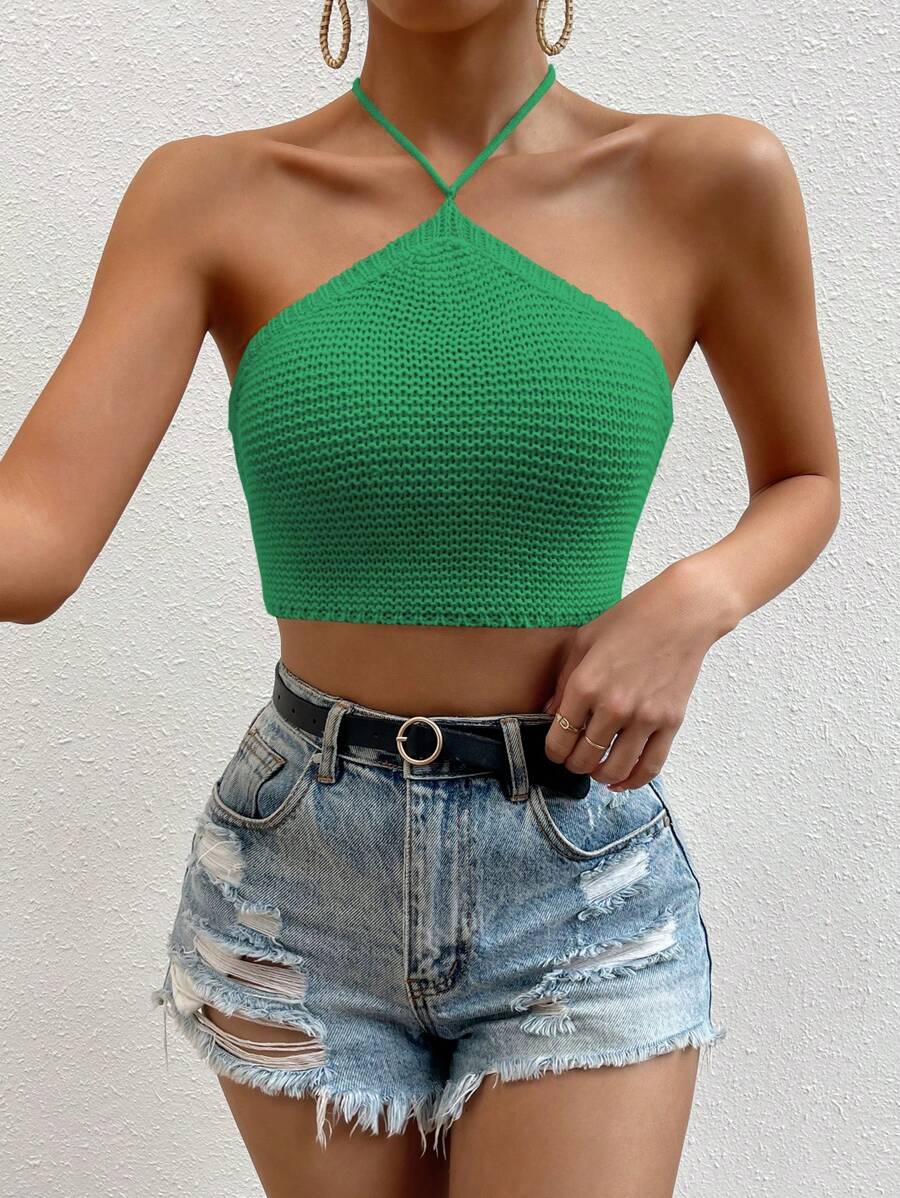 SHEIN Unity Áo len cổ yếm ôm sát màu trơn dành cho nữ, trang phục đi nghỉ - màu xanh lá - Xem 1