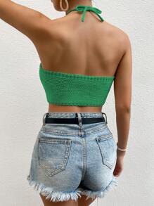 SHEIN Unity Áo len cổ yếm ôm sát màu trơn dành cho nữ, trang phục đi nghỉ - màu xanh lá - Xem 2