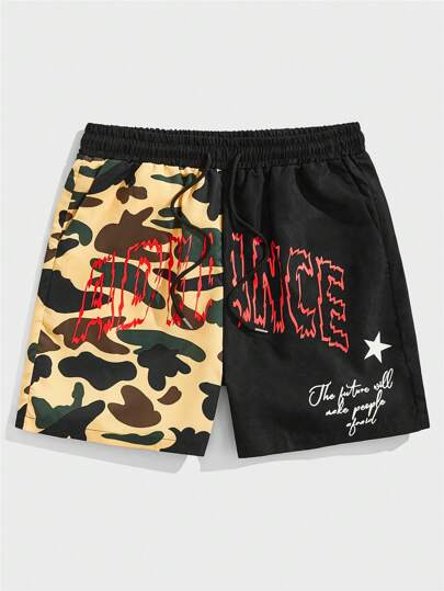 Street Life Pantalones cortos con estampado de camuflaje con gráfico de letras y cordón a la cintura para hombre, para la escuela