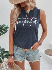 SHEIN LUNE Heart & Slogan Graphic Tank Top - Navy Blue - View 1