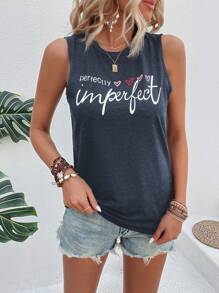 SHEIN LUNE Heart & Slogan Graphic Tank Top - Navy Blue - View 6
