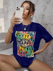 SHEIN Unity Cartoon Graphic Drop Shoulder Tee - Navy Blue - View 3