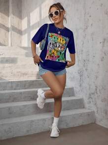 SHEIN Unity Cartoon Graphic Drop Shoulder Tee - Navy Blue - View 4