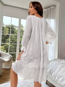 Floral Lace Flounce Sleeve Night Dress - White - View 2