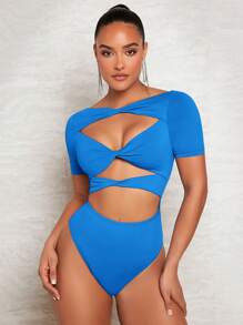 SHEIN BAE Áo liền quần ôm nữ Cắt ra xoắn lại màu trơn Gợi cảm - Màu xanh lam - Xem 1