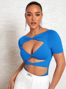 SHEIN BAE Áo liền quần ôm nữ Cắt ra xoắn lại màu trơn Gợi cảm - Màu xanh lam - Xem 3