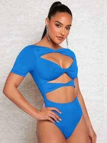 SHEIN BAE Áo liền quần ôm nữ Cắt ra xoắn lại màu trơn Gợi cảm - Màu xanh lam - Xem 6