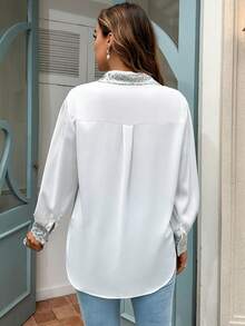 SHEIN Privé 亮片拼接口袋貼布襯衫 - 白色 - 查看 2