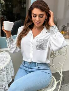 SHEIN Privé 亮片拼接口袋貼布襯衫 - 白色 - 查看 3