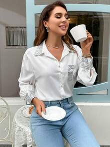 SHEIN Privé 亮片拼接口袋貼布襯衫 - 白色 - 查看 6