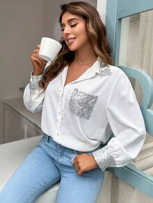 SHEIN Privé 亮片拼接口袋貼布襯衫 - 白色 - 查看 7