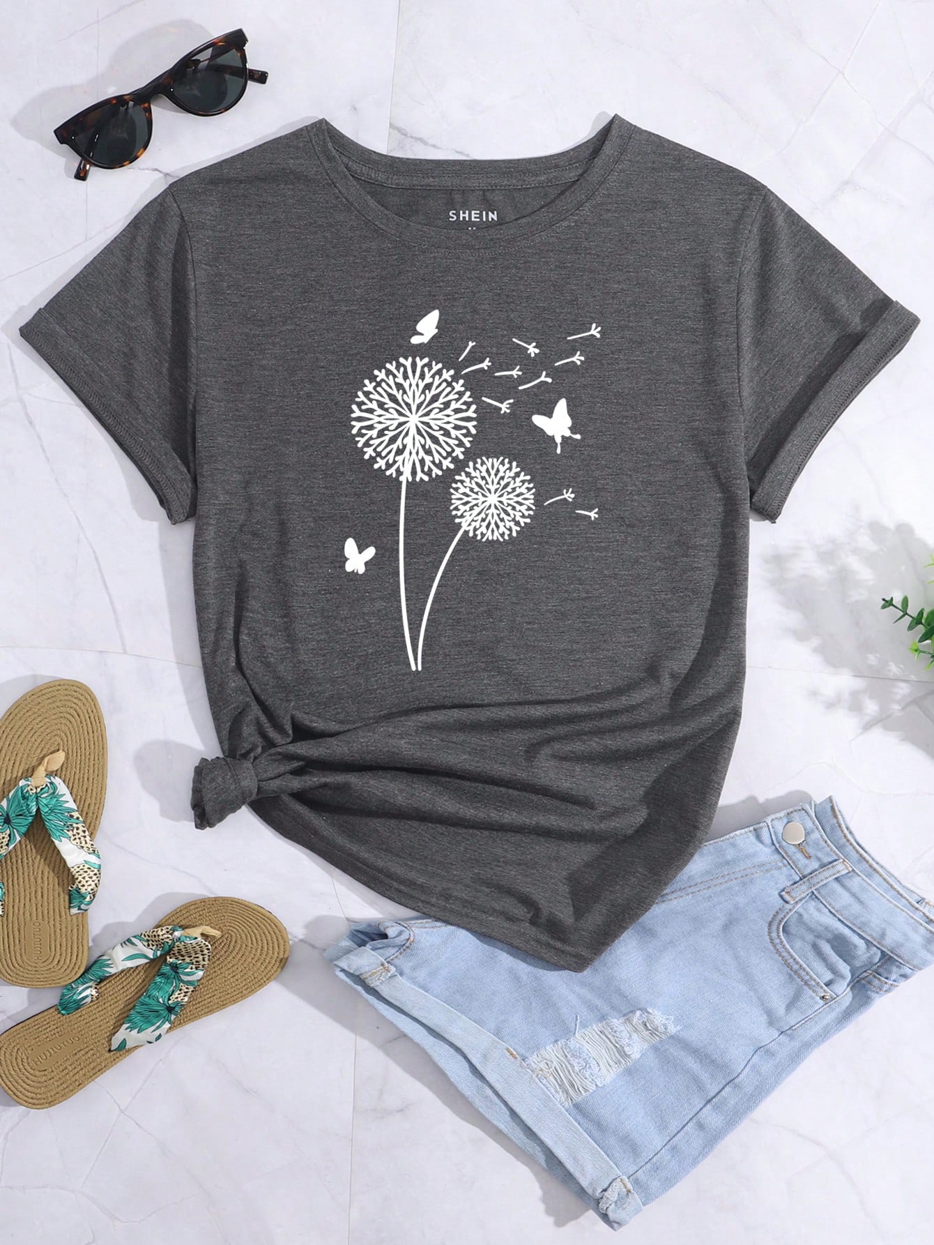 SHEIN Essnce Dandelion And Butterfly Print Tee sw2302159842755445