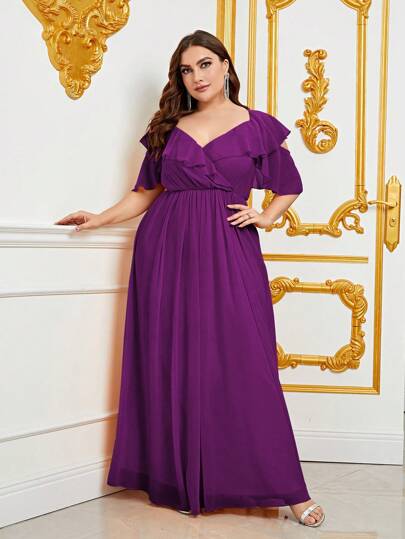 大碼優雅交叉 揉皺純色連衣裙