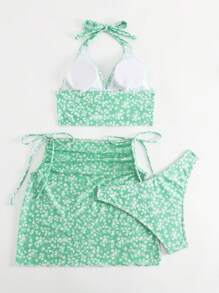 小碎花掛脖比基尼泳裝附沙灘裙 - 綠色 - 查看 2