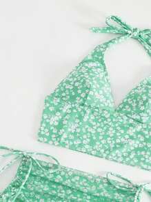 小碎花掛脖比基尼泳裝附沙灘裙 - 綠色 - 查看 3