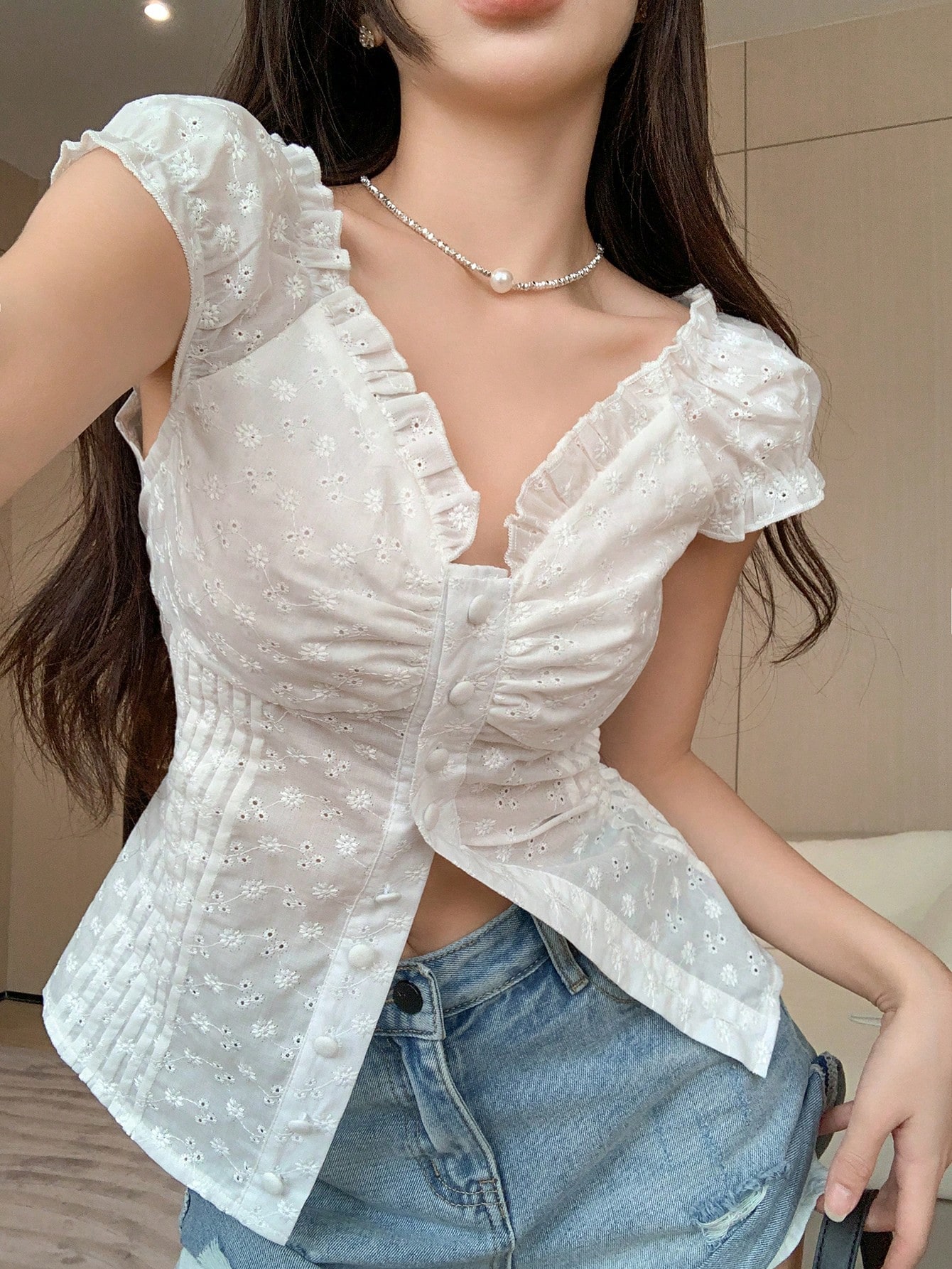DAZY DAZY Frill Trim Puff Sleeve Button Front Blouse