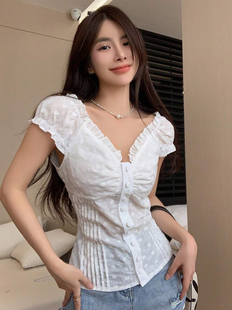 Frill Trim Puff Sleeve Button Front Blouse Vacation Outfits Women Boho