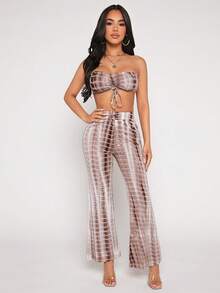 SHEIN PETITE Tie Dye Drawstring Front Tube Top & Flare Leg Pants - Multicolor - View 3