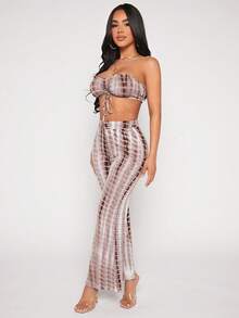 SHEIN PETITE Tie Dye Drawstring Front Tube Top & Flare Leg Pants - Multicolor - View 4