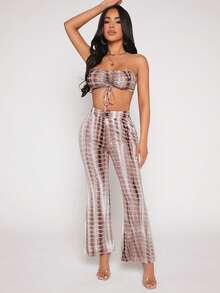 SHEIN PETITE Tie Dye Drawstring Front Tube Top & Flare Leg Pants - Multicolor - View 5