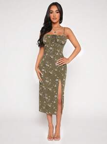 SHEIN PETITE Đầm Tách cao Thắt nơ trước Nếp gấp Phần Ngực Hoa Tất cả trên in Boho - xanh quân đội - Xem 1